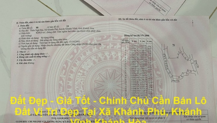Đất Đẹp - Giá Tốt - Chính Chủ Cần Bán Lô Đất Vị Trí Đẹp Tại Xã Khánh Phú, Khánh Vĩnh Khánh Hòa